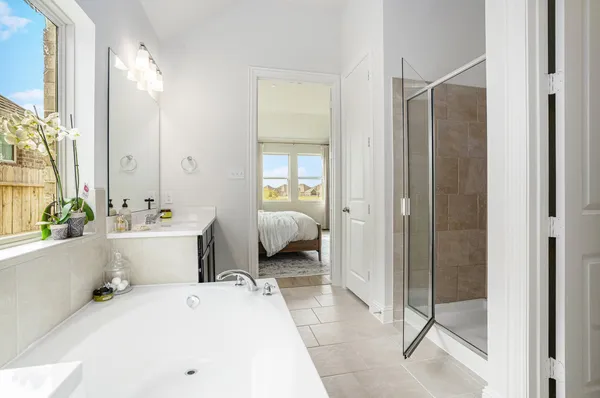a en suite spacious bathroom with a tub sink and mirror