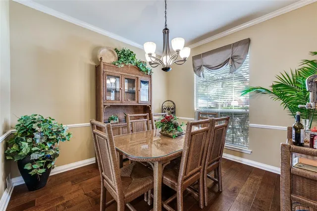 a dining room with furniture potted plants and wooden floor