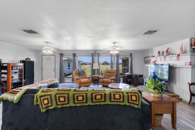 a living room with furniture flowerpot and wooden floor