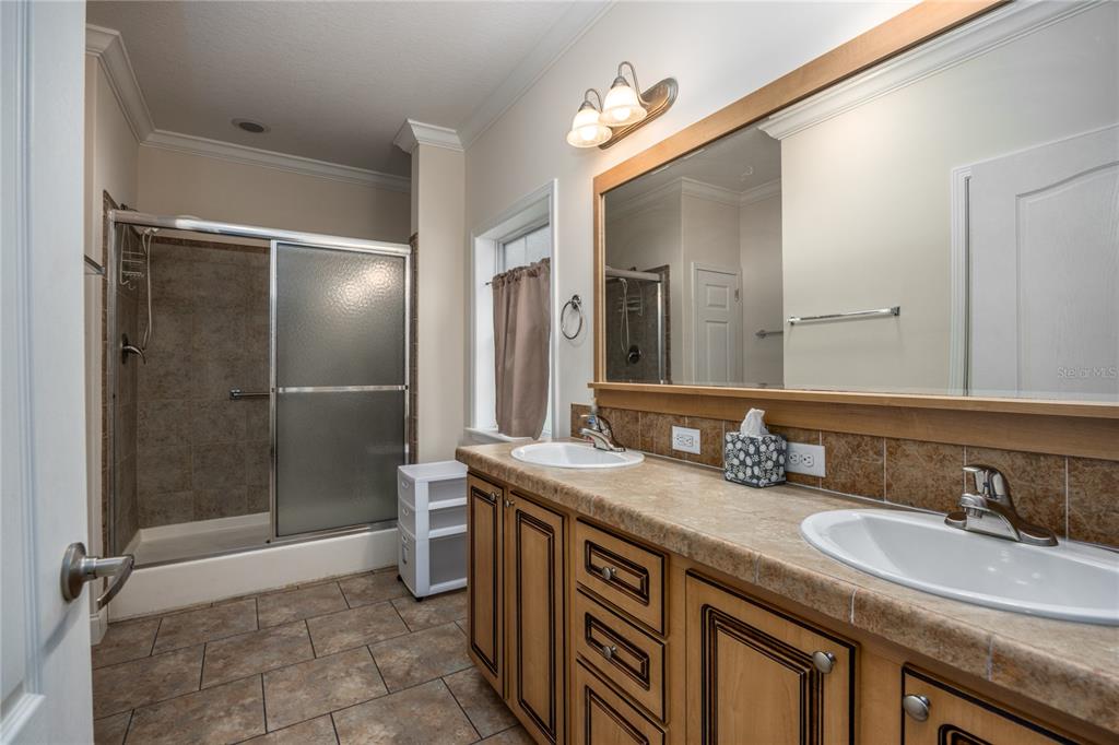 1759 Northeast 127th Street Branford, FL 32008 - Photo 21 of 45 a bathroom with a granite countertop sink a mirror and a shower