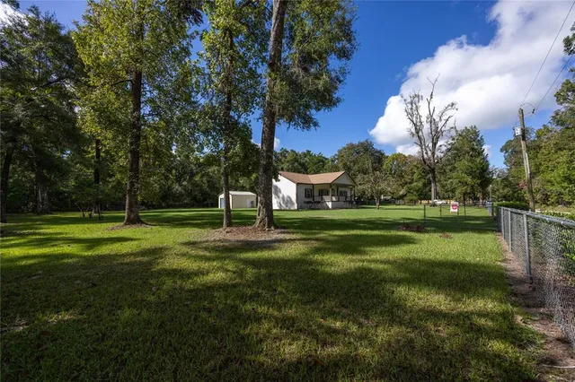 a view of a park with large trees