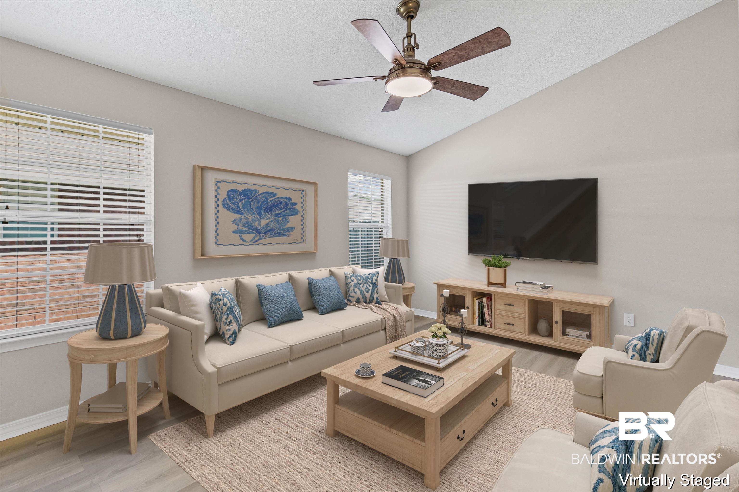 2701 Hampton Park Circle Foley, AL 36535 - Photo 7 of 44 Living area featuring vaulted ceiling, wood finished floors, a textured ceiling, and a ceiling fan