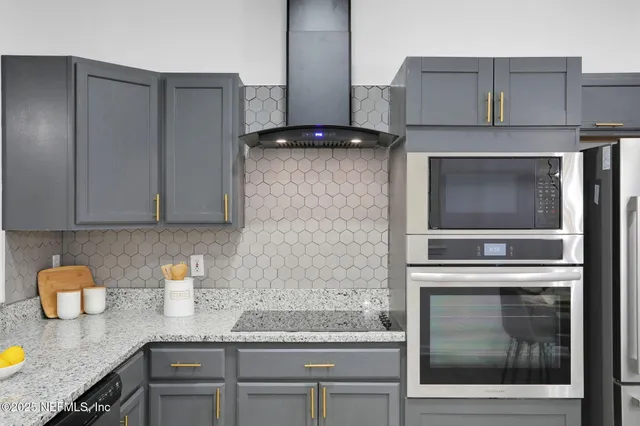 a kitchen with granite countertop a stove and a microwave