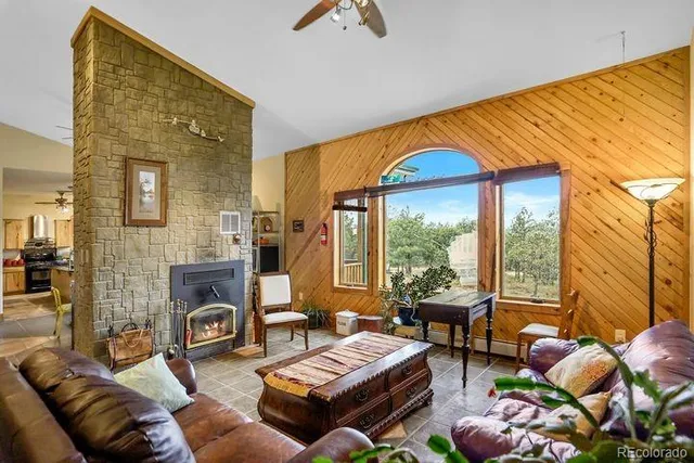a living room with furniture a fireplace and a floor to ceiling window