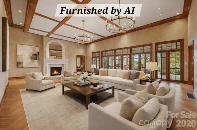 a living room with furniture a fireplace and a table