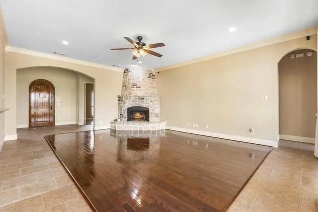 an entryway with a chandelier