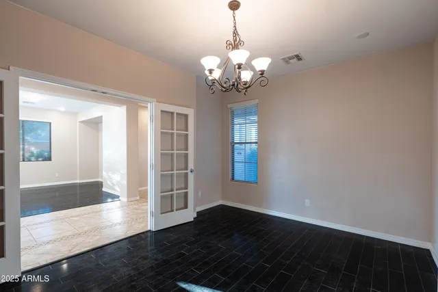 a view of a chandelier in a room
