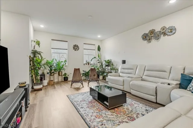 a living room with furniture and a potted plant