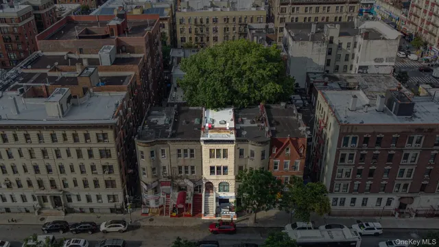 an aerial view of a building with street view