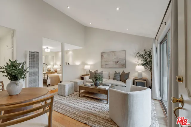 a living room with furniture potted plant and a large mirror