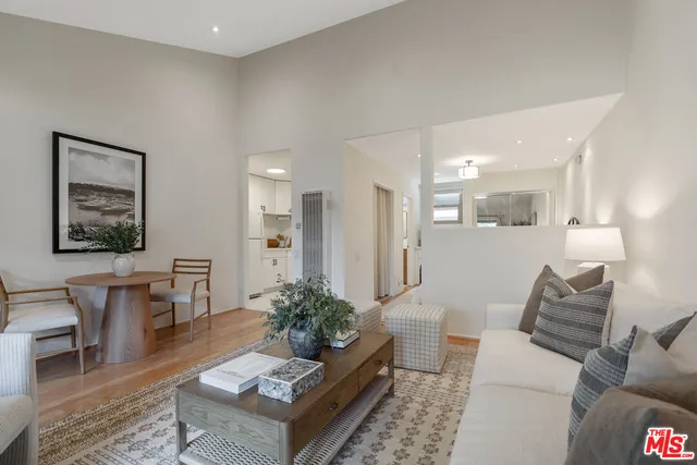 a living room with furniture potted plant and a table
