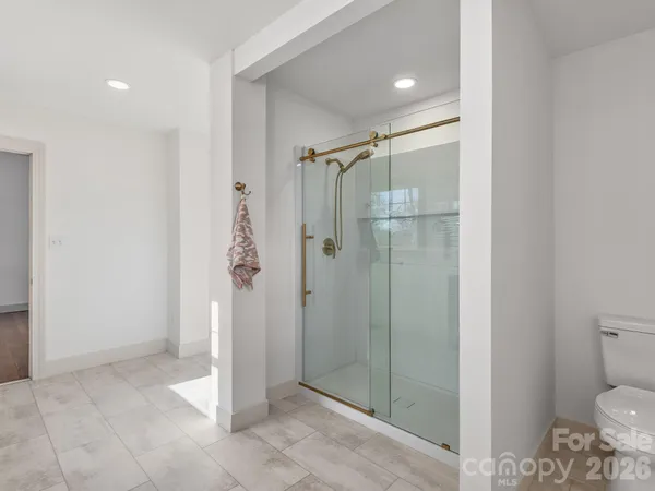 a bathroom with a shower and toilet