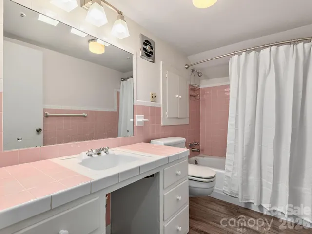 a bathroom with a sink a toilet a mirror and shower