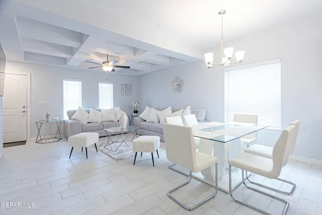 a view of a dining room with furniture