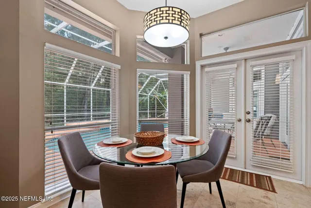 a view of a dining room with furniture window and outside view