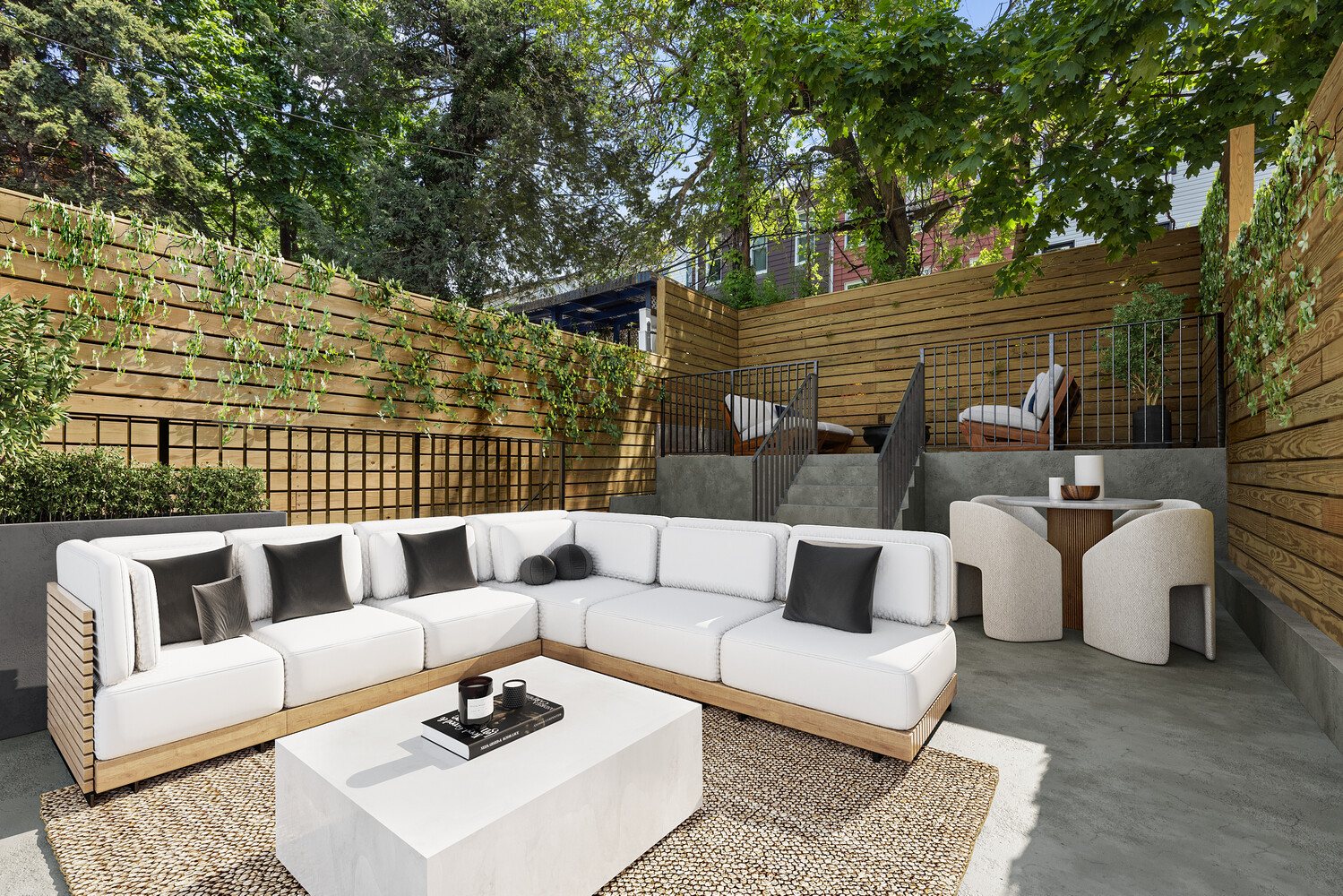 696 Chauncey Street, Unit 1R Brooklyn, NY 11207 - Photo 2 of 13 a view of a patio with couches and a table and chairs with wooden floor