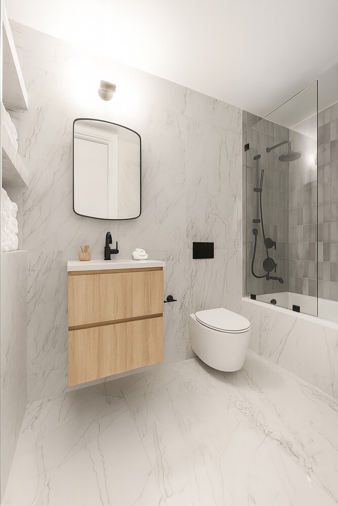 696 Chauncey Street, Unit 1R Brooklyn, NY 11207 - Photo 8 of 13 a bathroom with a toilet a sink and a mirror