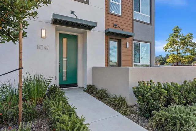 front view of a house with potted plants