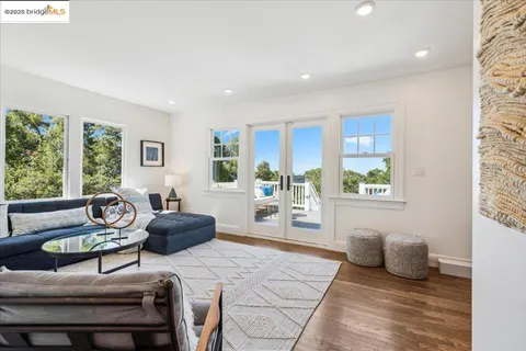 a front view of a building with seating space