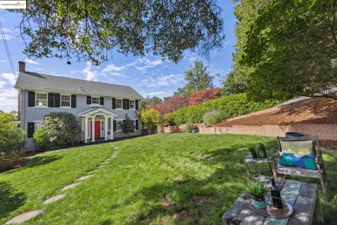 a backyard of a house with lots of green space and fountain