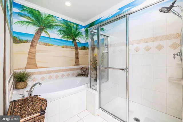 a bathroom with a bathtub and a shower