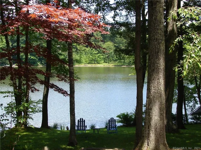 a view of a lake with a yard