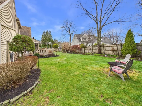 a view of a backyard with table and chairs and a fire pit
