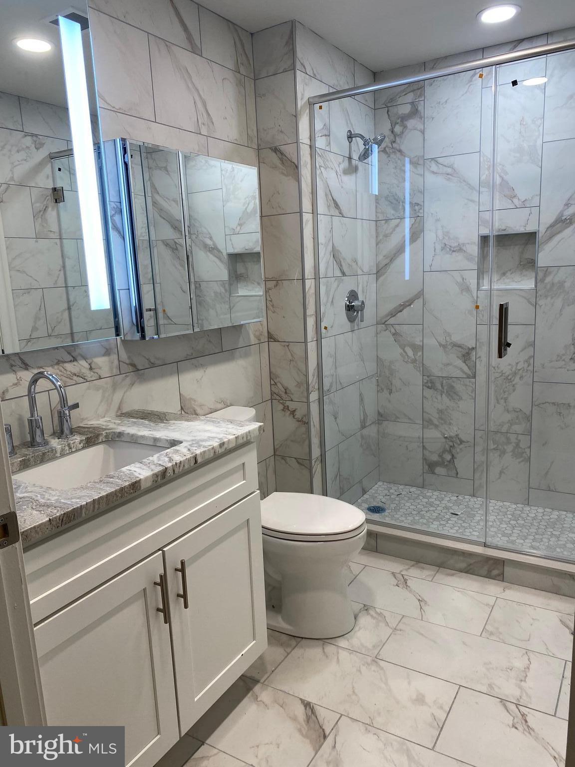1900-20 Arch Street, Unit 108 Philadelphia, PA 19103 - Photo 4 of 27 a bathroom with a granite countertop sink a toilet and a shower
