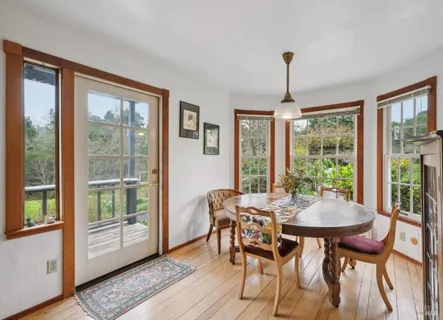a view of a dining room with furniture window and outside view