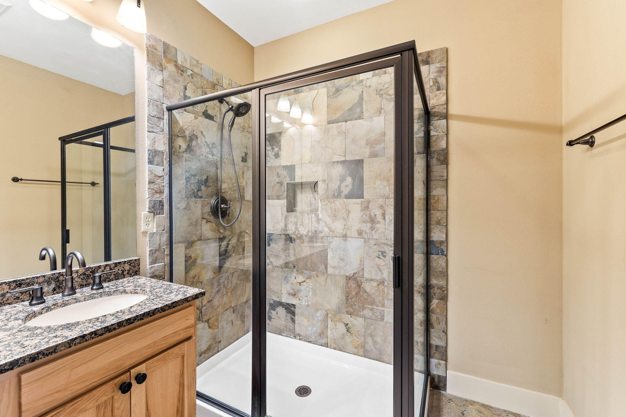 8 Gulf Mark Lane Santa Rosa Beach, FL 32459 - Photo 30 of 44 a bathroom with a granite countertop sink mirror and shower