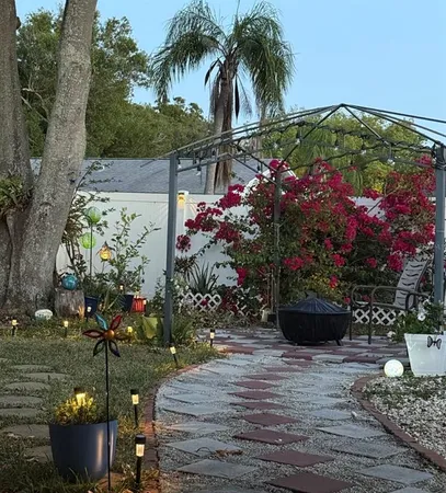 a view of a potted flower in a backyard