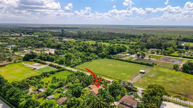 an aerial view of residential houses with outdoor space and trees