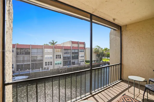 a view of a building from a balcony