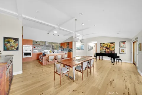 a living room with furniture a dining table and a potted plant