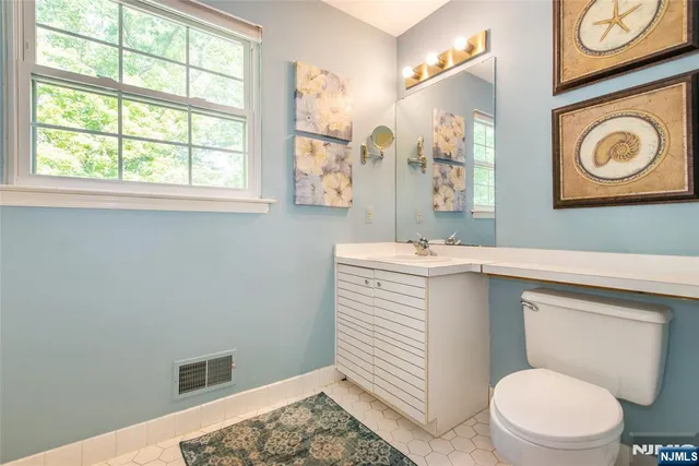 a bathroom with a sink a toilet and a mirror