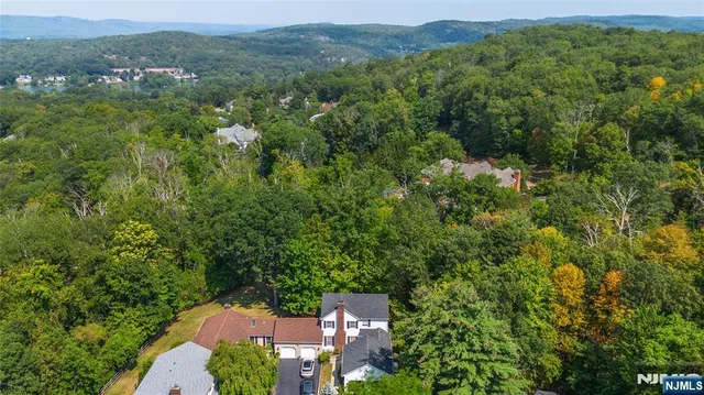 an aerial view of a houses with a lush green hillside
