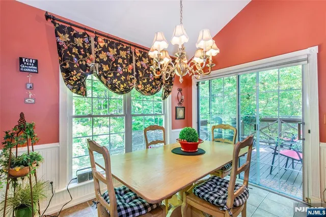 a view of a dining room with furniture window and outside view