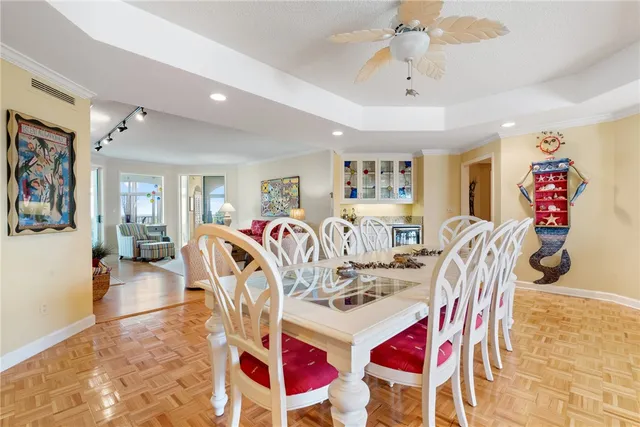 a view of a dining room with furniture
