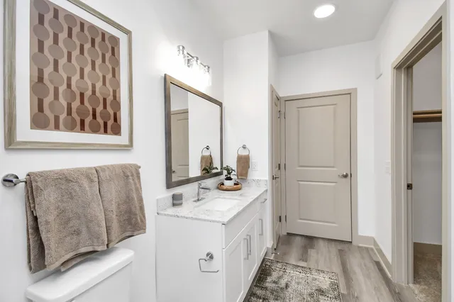 a bathroom with a sink vanity and a mirror