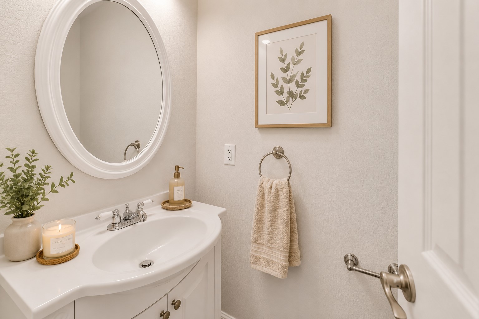 12528 Labrador Cove Austin, TX 78729 - Photo 30 of 40 Virtually Staged Powder Bath
This charming powder bath has been virtually staged to showcase a light and inviting Pottery Barn-inspired aesthetic, featuring soft neutral tones, natural textures, fresh greenery, elegant artwork, and spa-like accessories. The bright vanity, oval mirror, and clean architectural lines create a timeless look, while the curated décor adds warmth and character, helping buyers envision a polished and welcoming guest bath that complements the home’s overall design style.