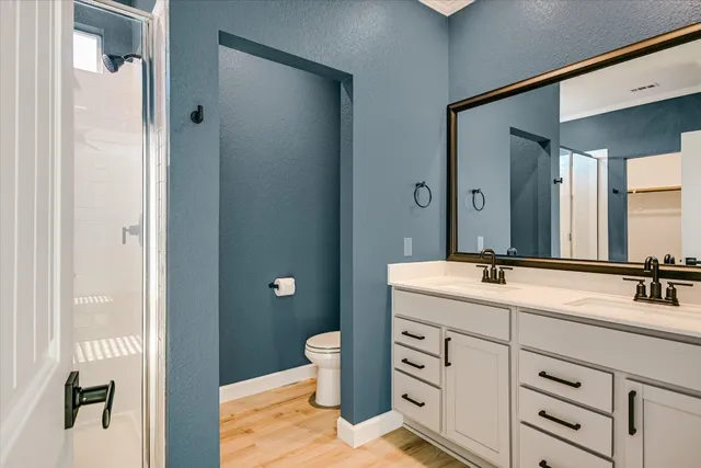 a bathroom with a double vanity sink a mirror and a toilet