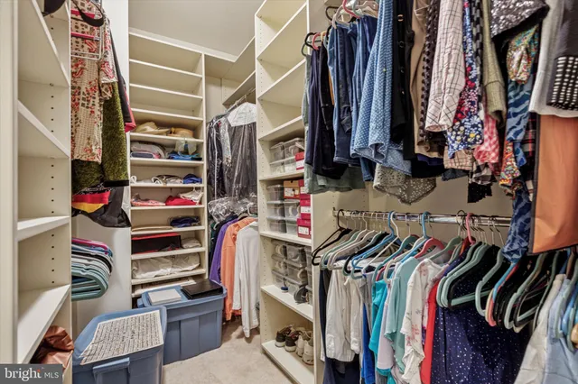 a view of walk in closet with clothes and shoes
