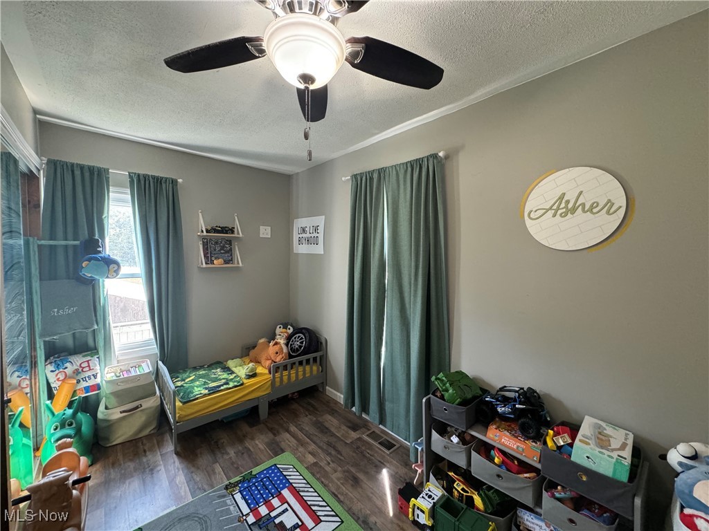 1480 Jerrys Run Road Belleville, WV 26133 - Photo 24 of 48 Bedroom featuring dark wood-type flooring, ceiling fan, and a textured ceiling