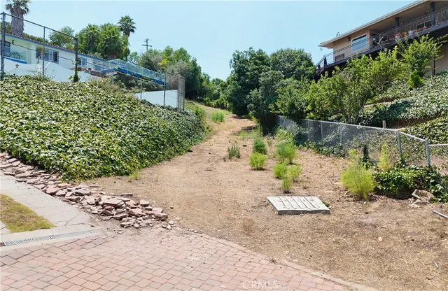 a view of a yard with plants and flowers