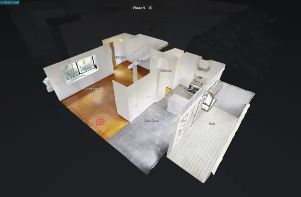 an aerial view of a kitchen with a stove