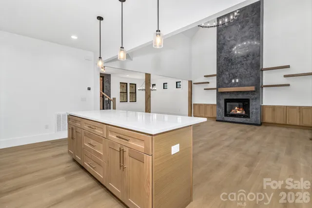 a kitchen view with fireplace a sink and a wooden floor