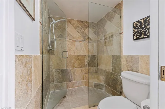 a bathroom with a shower and toilet