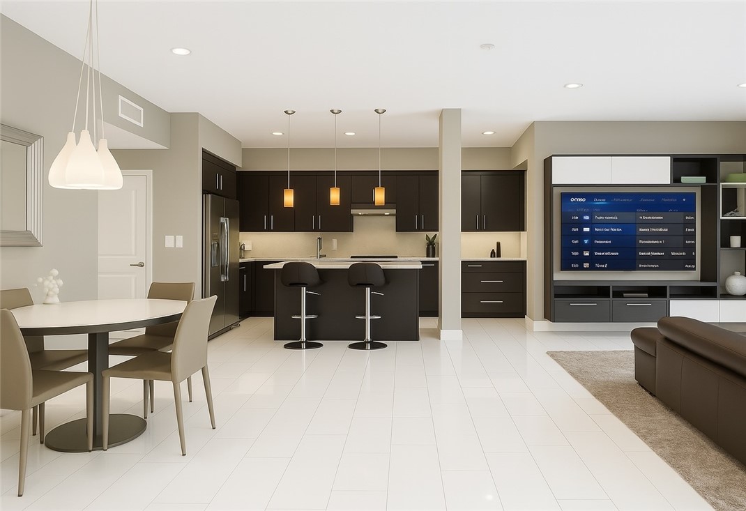 402 Rockefeller, Unit 118 Irvine, CA 92612 - Photo 2 of 24 a living room with furniture a fireplace and a kitchen view