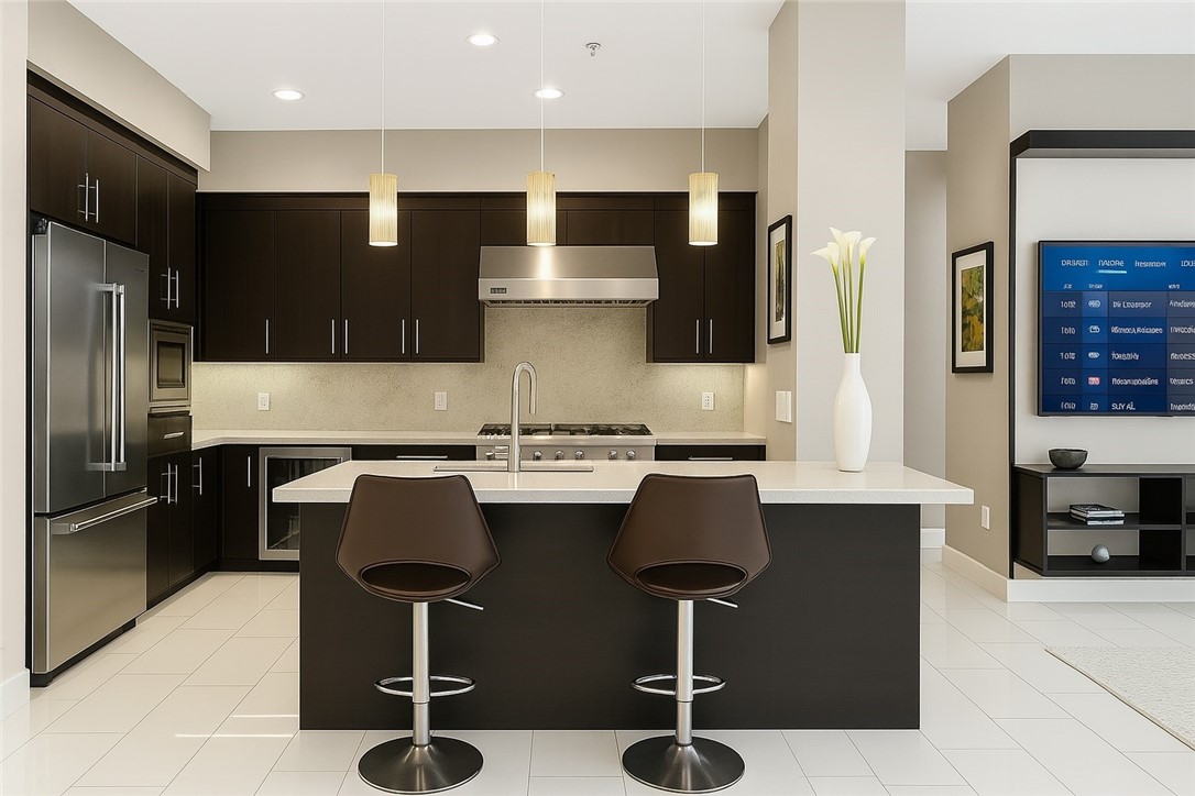 402 Rockefeller, Unit 118 Irvine, CA 92612 - Photo 5 of 24 a kitchen with a table chairs refrigerator and cabinets