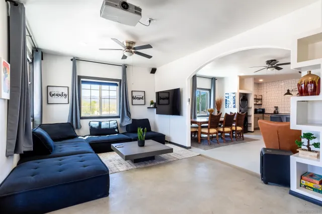 a living room with furniture and a potted plant